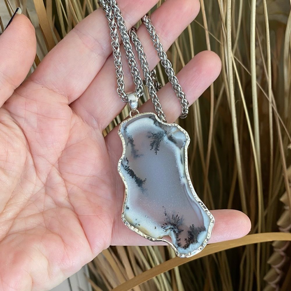 Large Merlinite Dendritic Opal Slice Sterling Silver Pendant Necklace